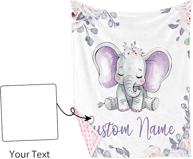 Custom Name Baby Blanket – Double-Layer Dotted Backing Flannel Swaddle – Elephant and Flower Theme for Newborns and Toddlers