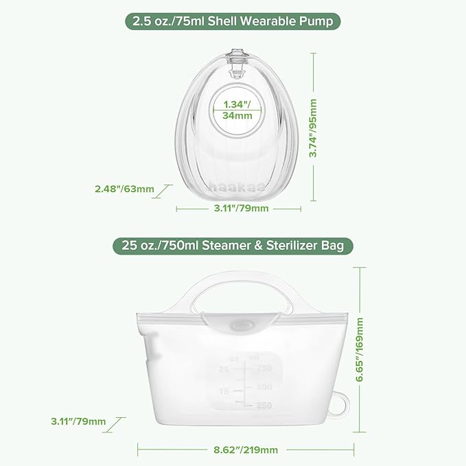 haakaa Wearable Silicone Breast Pump with Steriliser Bag, 2-in-1 Hands-Free Passive Breast Milk Catcher for Nursing Mom, Breastfeeding Essentials, 2-Pack 75ml Pumps & 1 Steriliser Bag, Frosted