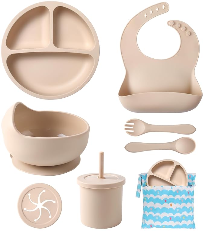 ECLIP Silicone Baby Feeding Set,10 Pcs Baby Led Weaning Supplies Baby Eating Essentials Set with Suction Bowl Divided Plate Adjustable Bib Soft Spoon Fork Cup with Lid Drinking Cup, Travel Bag (Beige)