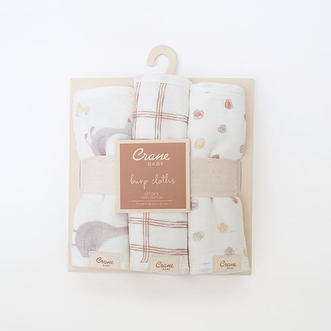 Crane Baby Burp Cloth Set, 3-pc. Charlie Farmhouse Goose Collection, Soft 100% Cotton Muslin Burping Cloths for Baby Boys &Girls, Newborn Burp Rags, Baby Must Haves for Newborns, Farm Nursery Decor