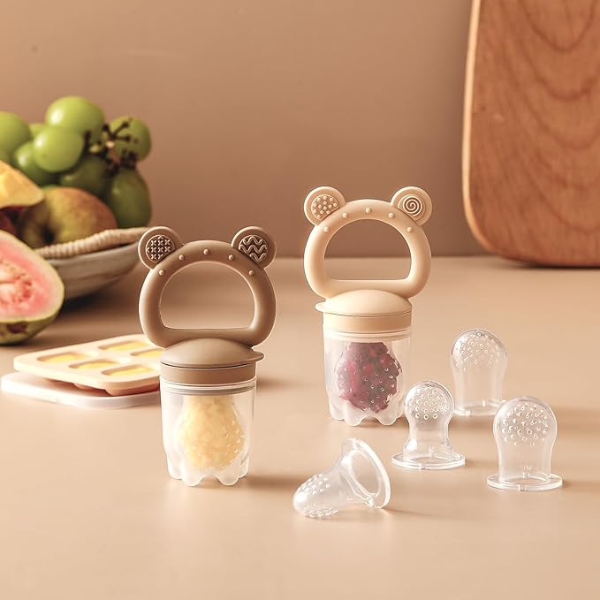 2 Pack Silicone Baby Fruit Feeder with Mini Freezer Tray, Breastmilk Popsicle Molds for Baby Teething Relief, Teethers, Fresh Food Feeder for Safe Infant Self Feeding, Extra Food Pouches - Chocolate