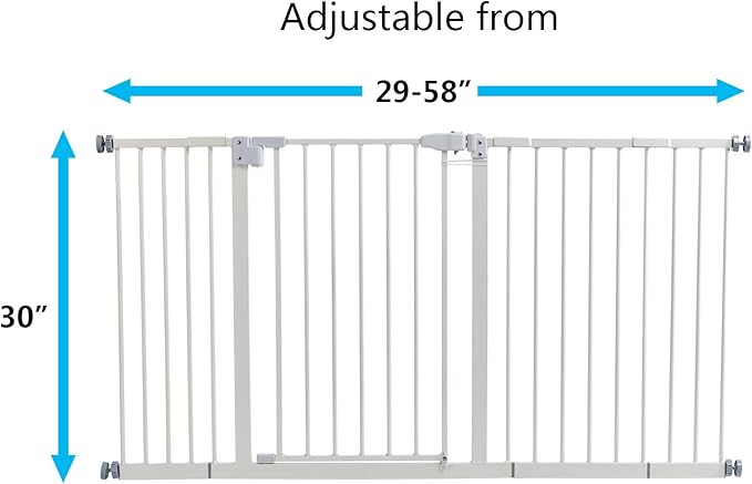 Kinfant Extra Wide Baby Gate - 58-Inch White Doorway & Stair Gate, Tall & Adjustable Extension Pressure Pet Gate, with Extension Kit, Pressure Mount Kit, Wall Cups