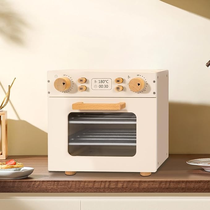 OOOK Wooden Kids Oven, Pretend Play Oven for Toddlers with DIY Stickers, Kitchen Play Set Accessories with Push-Pull Baking Tray. Ideal Choice for Boys and Girls Aged 3+