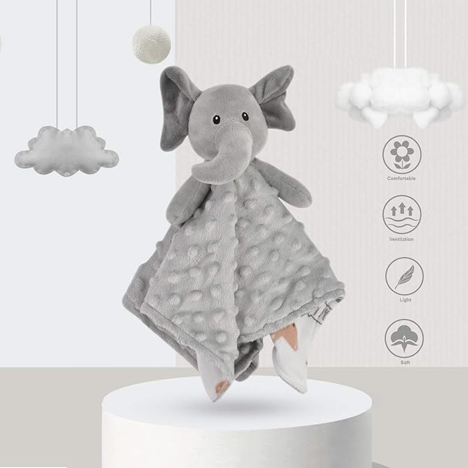 BORITAR Elephant Baby Security Blanket Soft Minky Dot Fabric Lovey Blanket with Lovely Animal Pattern Backing, Stuffed Plush Cuddle Newborn Blankie 14 Inch