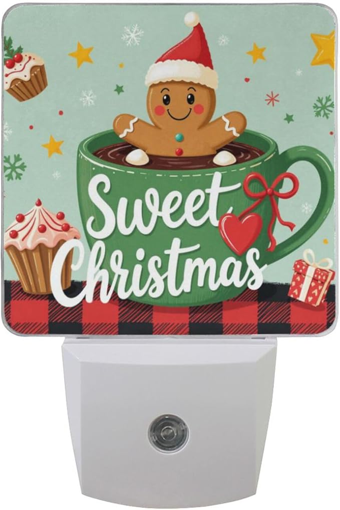 Aslsiy Night Light for Kids Gingerbread Man Cup Christmas Plaid Plug in Wall Lamp LED Dusk to Dawn Sensor Energy Saving Nightlight for Boys Girls Men Women