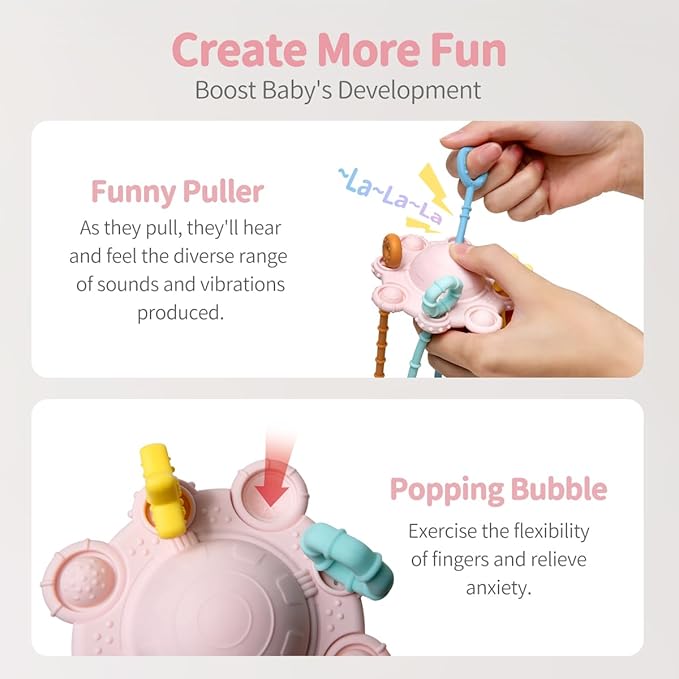 Montesorri-Toys - Pull String Toys for Baby - Made of 100% Food Grade Silicone with Built-in Rattle Function and Easy to Clean Design (Pink)