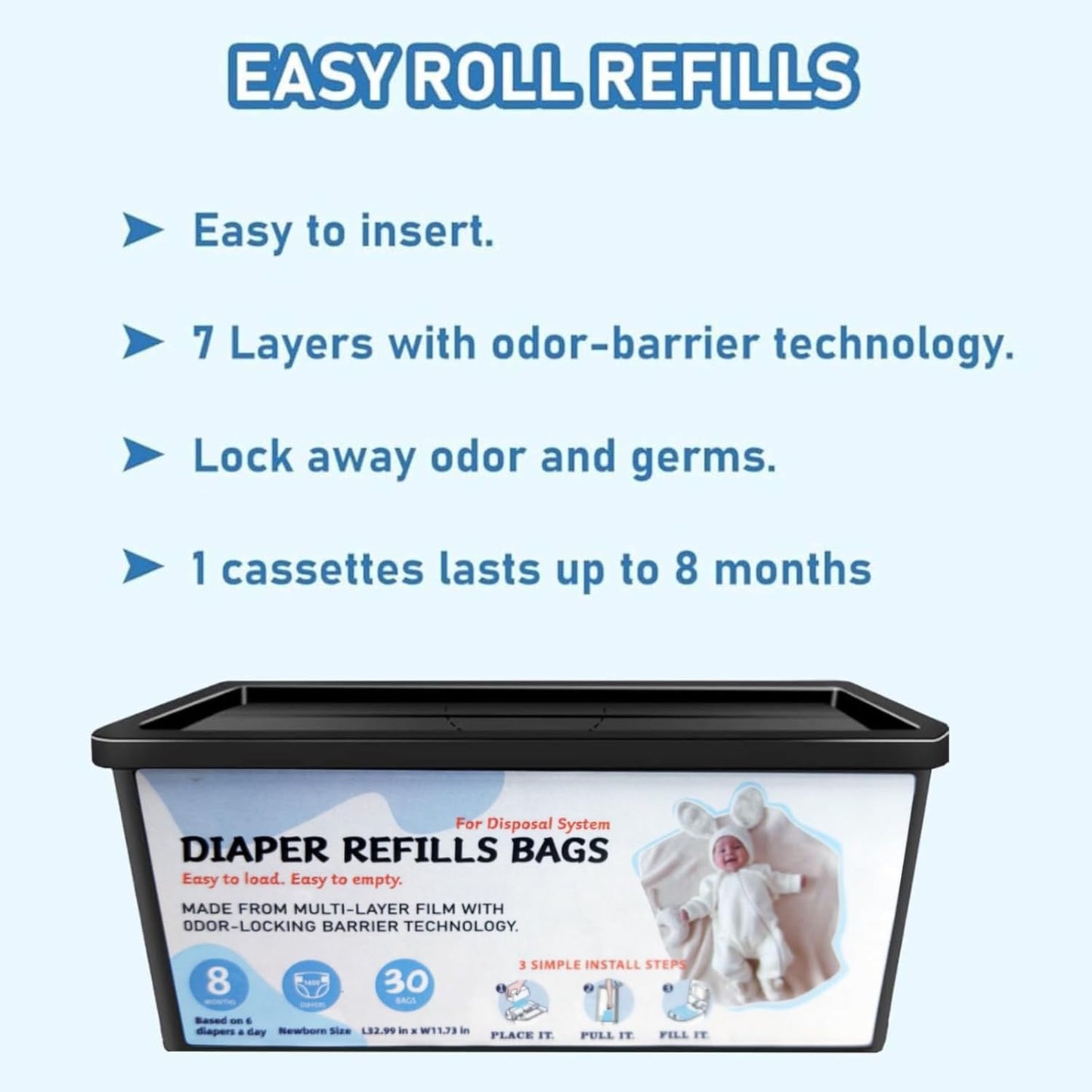 Diaper Pail Refills Bags with 30 Bags, Compatible with Genie Easy Roll Signature Diaper Pail and Platinum Diaper Pail, 7-Layer Odor-Barrier Technology, 3 Pack (90 Bag)