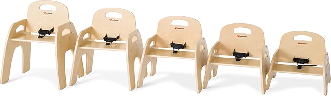Foundations Simple Sitter 7” Low Wood Feeding Chairs, Wide No-Tip Base, Adjustable Safety Harness, Stackable Wood Toddler Chairs with Food Service Grade Finish, 2 Pack