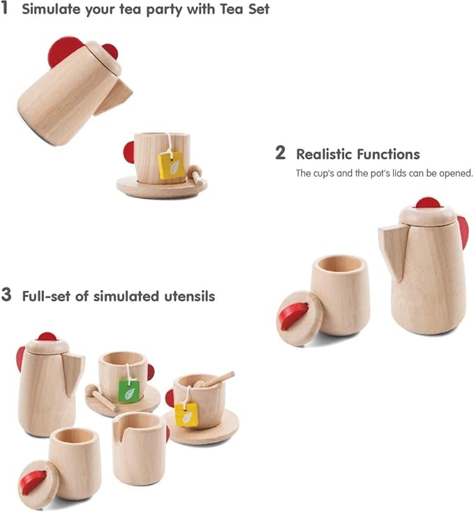 PlanToys® Wooden Tea Set for Kids | Montessori Pretend Play Kitchen Toy | Eco-Friendly Role Play Tea Party Set with Teapot, Cups, Saucers, Sugar Bowl, Milk Pitcher, Tea Bags & Spoons