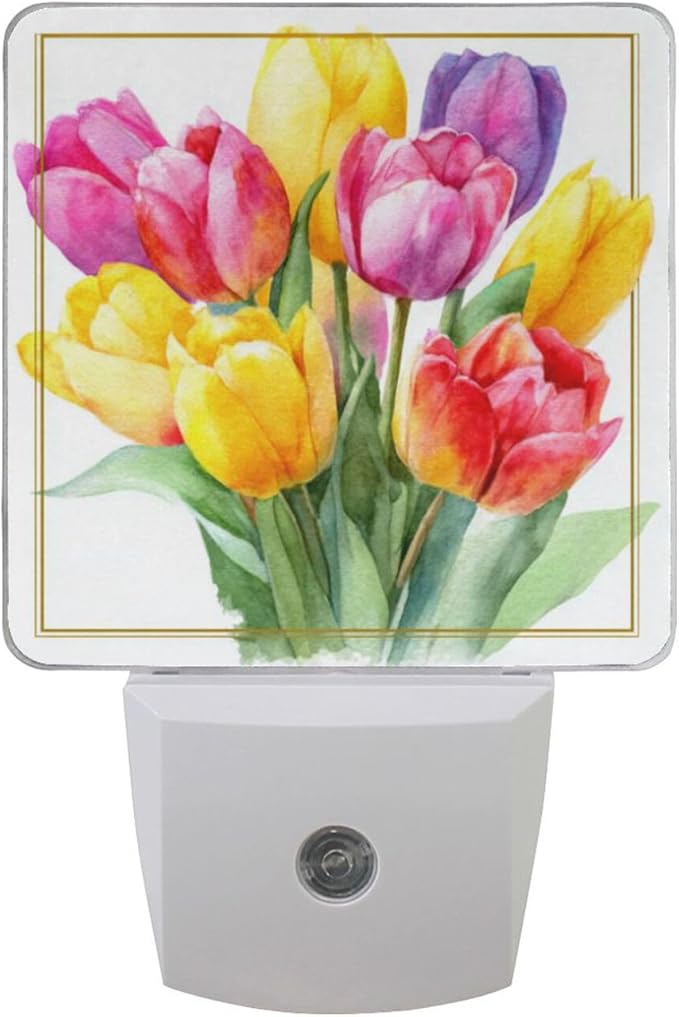 Aslsiy Night Light for Kids Watercolor Tulips in Vibrant Colors (4) Plug in Wall Lamp LED Dusk to Dawn Sensor Energy Saving Nightlight for Boys Girls Men Women