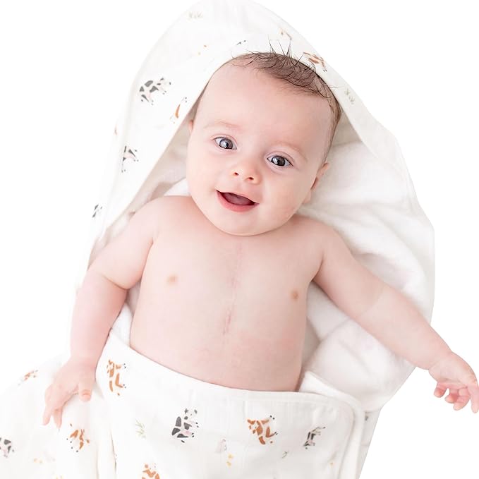 Bamboo Viscose Baby Hooded Towel & Washcloth Set for Babies and Toddlers, Soft & Absorbent, 70% Viscose from Bamboo, 30% Cotton Muslin - Imported (Cow)