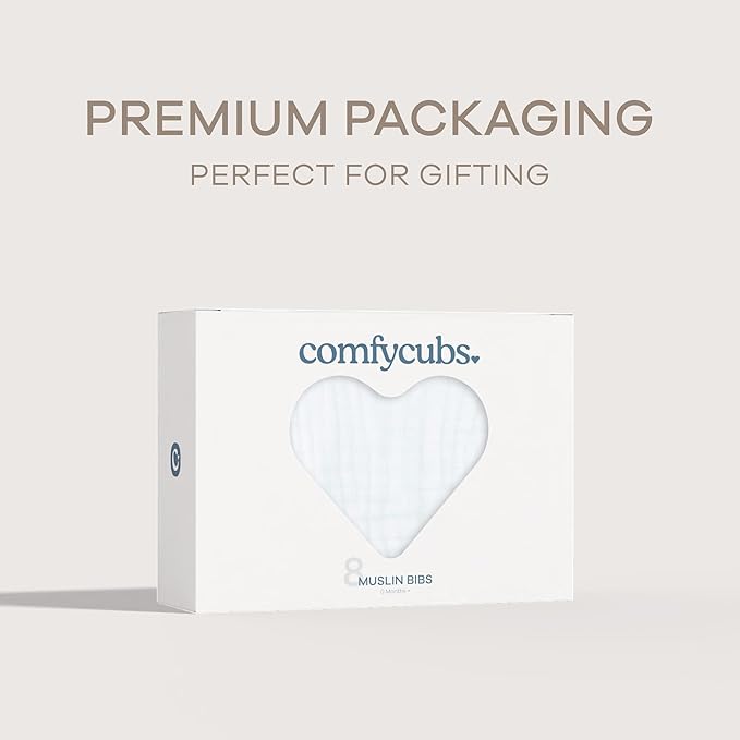 Comfy Cubs Muslin Bibs for Babies, Pack of 8 - Soft and Highly Absorbent, Feeding, Drool and Teething Bib, Adjustable Snaps - Stylish & Colorful Unisex Designs, Giftable Set - White