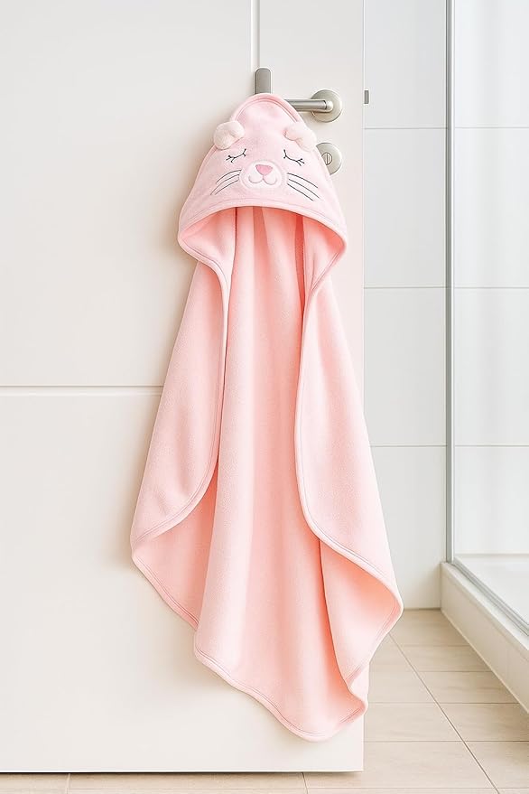 Hooded Baby Bath Towel for Girls – Soft & Absorbent Pink Animal Design | Plush Newborn & Toddler Bath Wrap