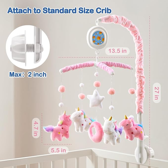 Unicorn Baby Crib Mobile for Girls with Music Box (100+ Lullabies), Rotating Plush Crib Toys for Newborns, Infant, Baby Christ & Shower Gift