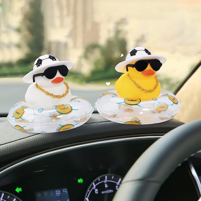 wonuu Car Rubber Duck, Yellow Duck Decoration Dashboard with Sun Hat Swim Ring Necklace Sunglasses for Car Dashboard Decorations