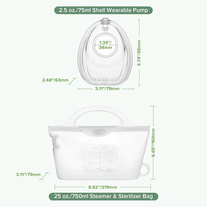 haakaa Wearable Silicone Breast Pump with Steriliser Bag, 2-in-1 Hands-Free Passive Breast Milk Catcher for Nursing Mom, Breastfeeding Essentials, 75ml Shell Pump & 750ml Steriliser Bag - Frosted