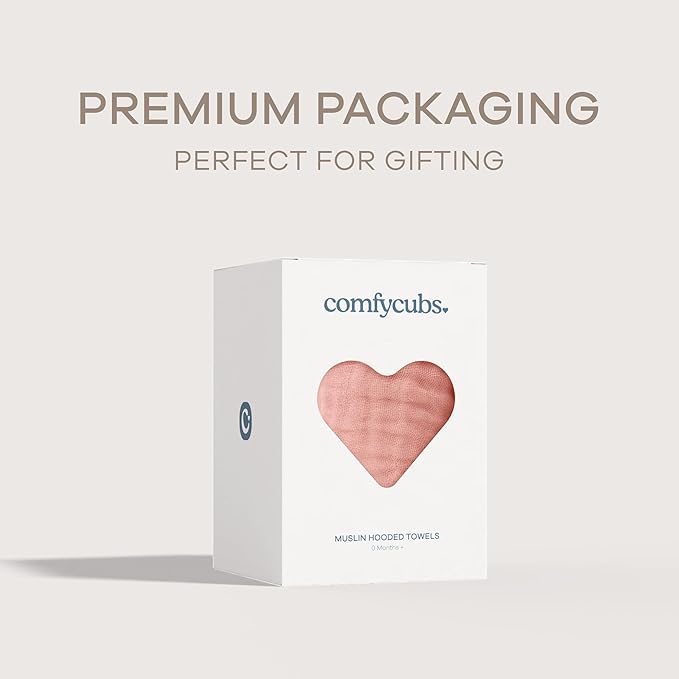 Comfy Cubs Hooded Baby Towel 1-Pack, Large 32 x 32 Inch - 6 Layer 100% Muslin Cotton for Babies, Toddlers and Kids - Soft & Absorbent Baby Bath Towels - Unisex Design for Bath Time - Bold Blush