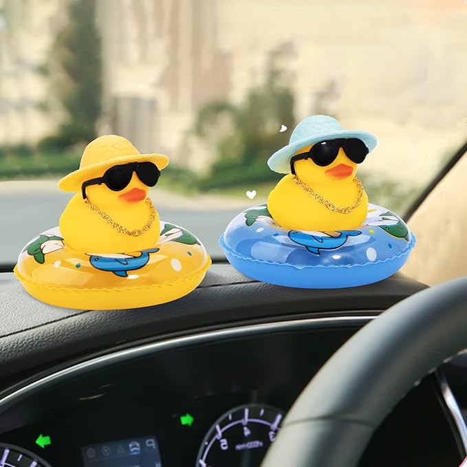 wonuu Car Rubber Duck, Yellow Duck Decoration Dashboard with Sun Hat Swim Ring Necklace Sunglasses for Car Dashboard Decorations (Blue Sun Hat-Blue Dolphin)