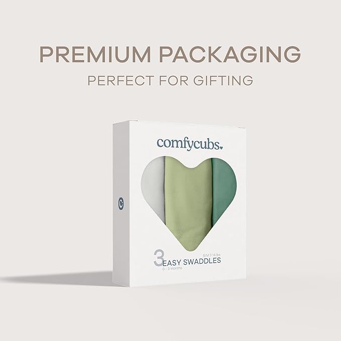 Comfy Cubs Easy Swaddle Blanket, 3 Pack - 100% Cotton Newborn Wrap, Small for 0-3 Months Infants, with Adjustable Velcro, Breathable and Durable Sleep Sack for Babies - Stone, Sage, Azul