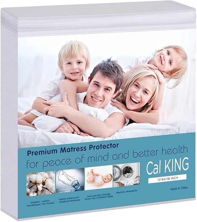 Waterproof Mattress Pad Protector 100% Organic Cotton Hypoallergenic Breathable Mattress Pad Cover, Deep Pocke (Cal King)