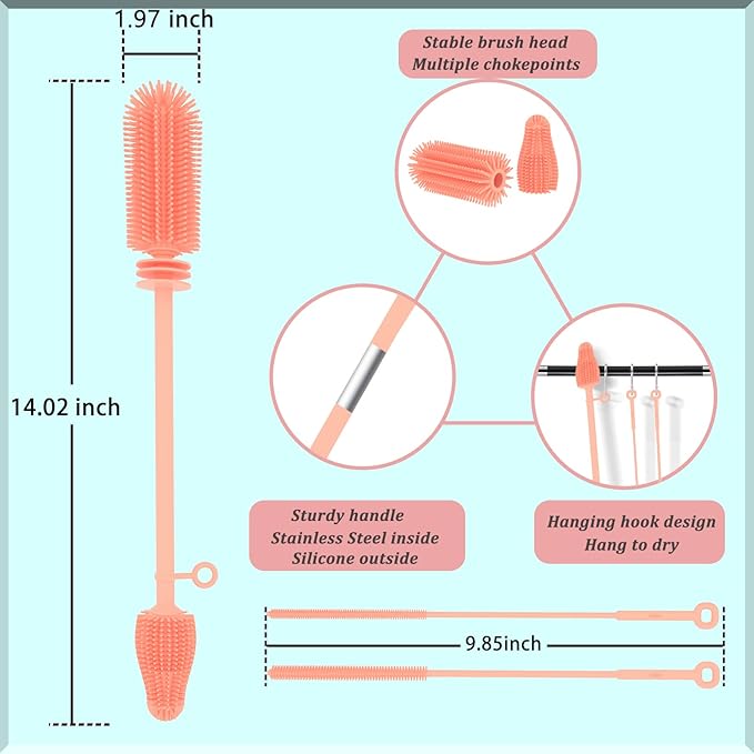 Silicone Baby Bottle Brush and Straw Cleaner Brush Set,Silicone Fully Encased Dish Brush,Versatile Deep Cleaning Long Water Bottle Brushes,Heat Resistant Sturdy Kitchen Brush,Hangable Cup Brush