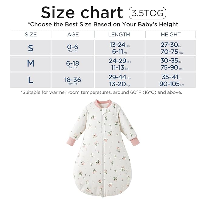 Duomiaomiao 3.5 TOG Baby Sleep Sack Cotton Winter Long Sleeve Baby Wearable Blanket, Super Warm Quilted Comfy Toddler Sleeping Sack