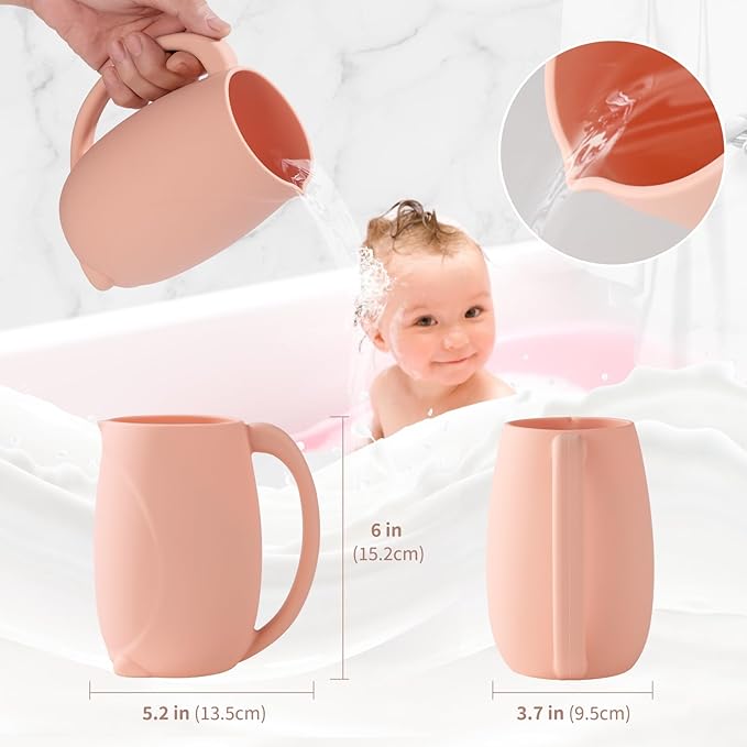 Baby Bath Rinse Cup - Children's Shampoo and Body Wash Rinse Cup with Easy Grip Handle for Rinsing Baby Shampoo and Soap - Food Grade Silicone - Penguin (Pink)