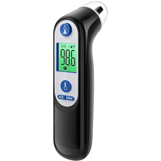Ear Thermometer for Kids, Babies and Adults, 1 Second Accurate Digital Thermometer, Mute Function, 3-Color Fever Alert, 3 Age Groups, 30 Memory Recall with 20x Probe Covers (LCD-Black)