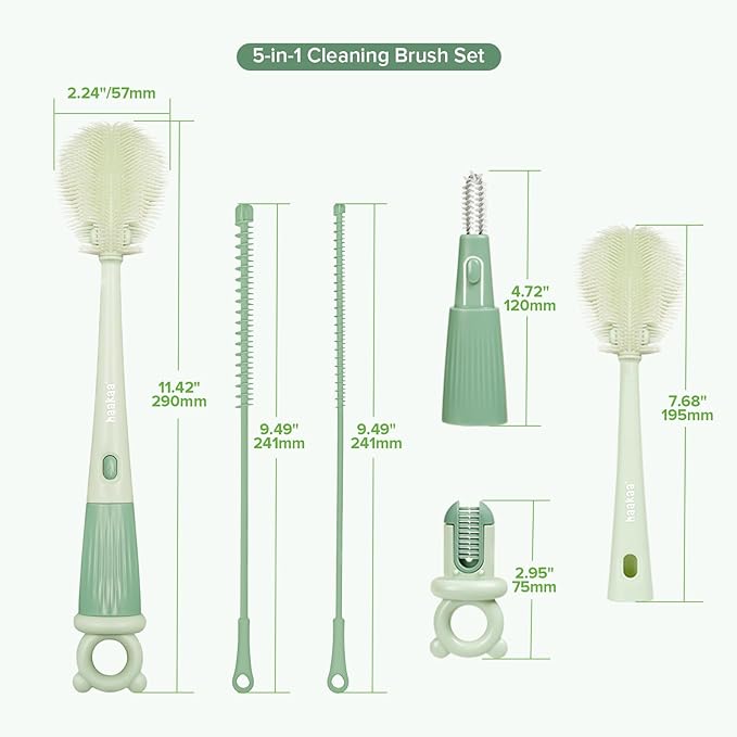 Haakaa 5-in-1 Cleaning Brush Set β Baby Bottle Brush & Bottle Brush Cleaner, Multi-Purpose 360Β° Comprehensive Cleaning for Breast Pumps, Breast Milk Collector, Baby Bottles, Nipples ,Straw β Portable