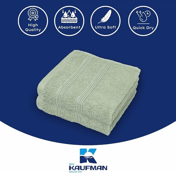 Kaufman - Washcloths for Bathroom, Spa, Gym, and Face Towel 100% Cotton Ring Spun, Ultra Soft Feel and Highly Absorbent Fingertip Towels (24, SAGE Green)