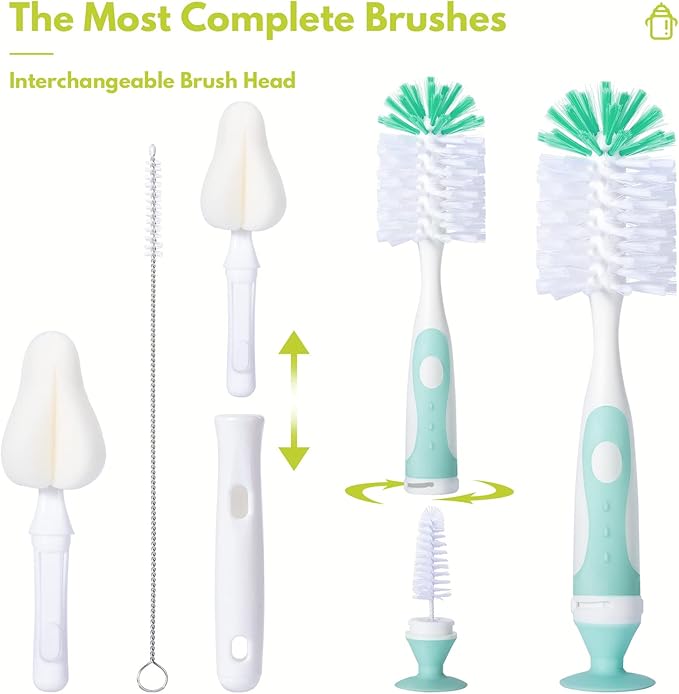 Baby Bottle Brush Set with Nipple Cleaner and Suction, 10.2" Cleaning Brush and 6.5" Sponge Bottle Brush with A Replacement Brush Head and Two 6.7" Straw Brushes, Pack of 5 (Blue)