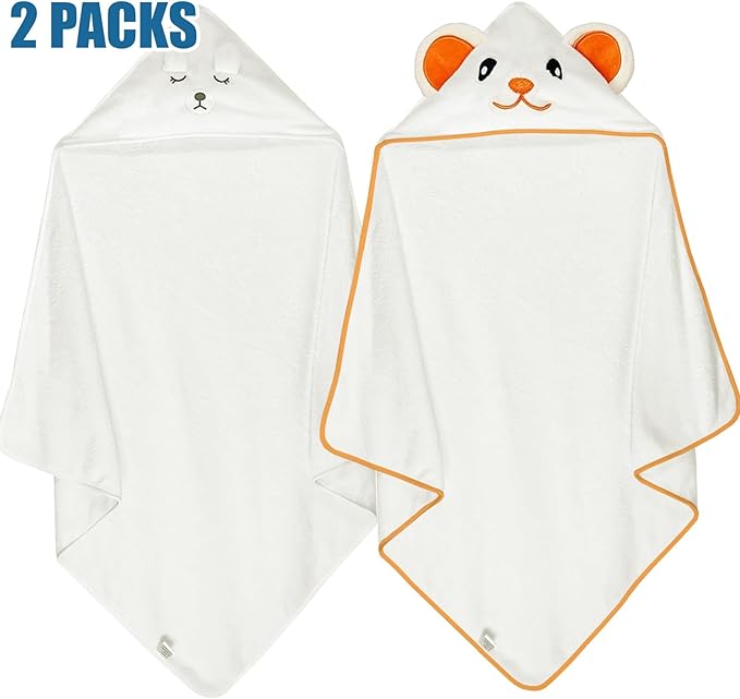 Hooded Baby Towels 2 Pack, Coral Fleece Luxuriously Thick Soft Shower Bath Towel with Hooded, Ultra Absorbent Bath Cloths Bulk for Newborn, Infant, Toddler (White & White)