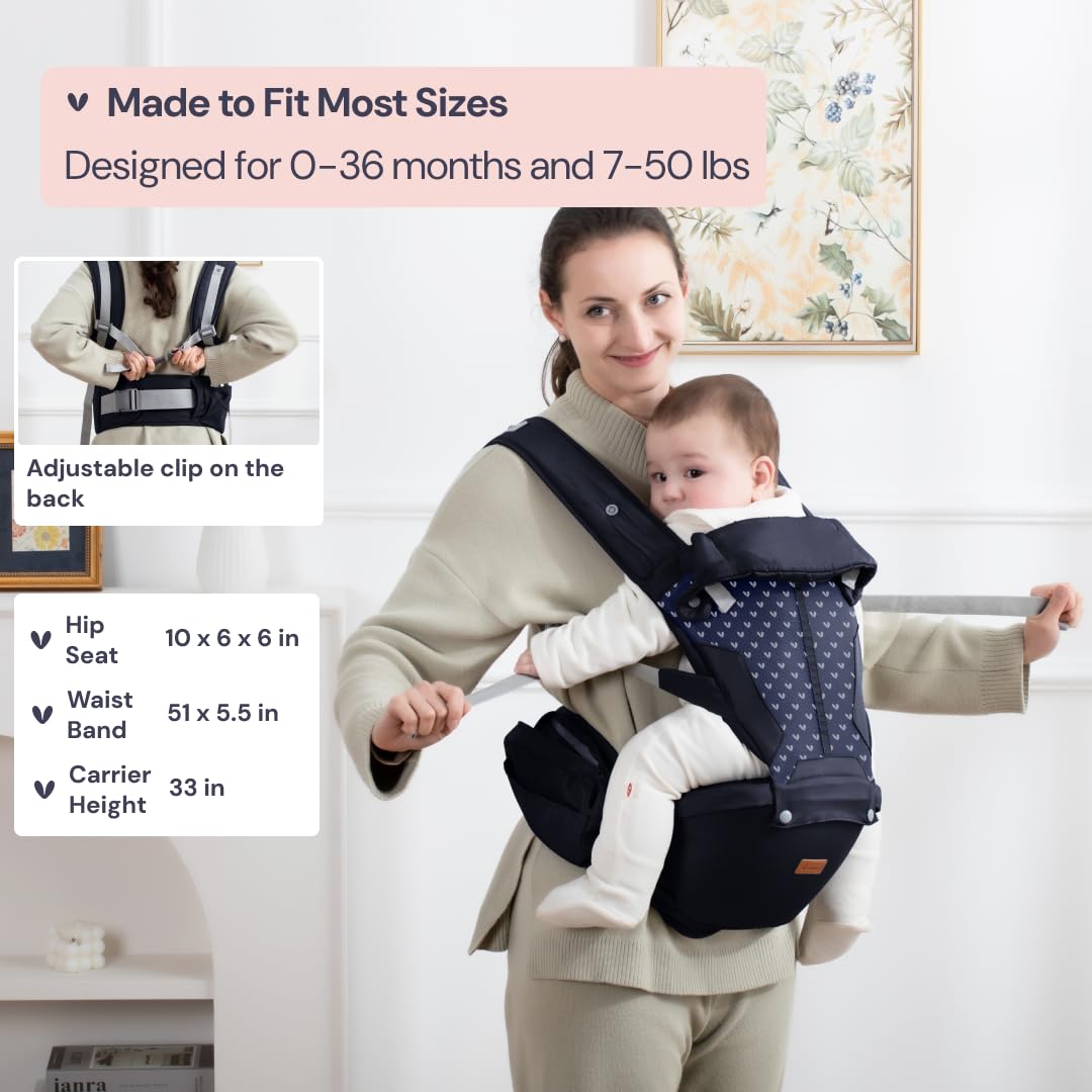 BabbleRoo Grow Carrier – Safety-Certified 6-in-1 Baby Carrier with Hip Seat, Ergonomic & Adjustable Toddler Carrier 7-50 lbs with Hip Support, Hood for Sun Protection, Newborn to Toddler, Navy Hearts
