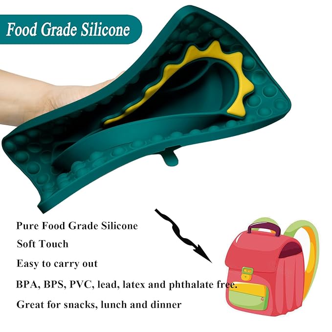 Silicone Toddler Dinosaur Feeding Placemat Set With Spoon and Forks, Baby Push Pop Bubble Suction Divided Plate Utensils, Kids Led Weaning Dish - Bubble Blue Dinosaur