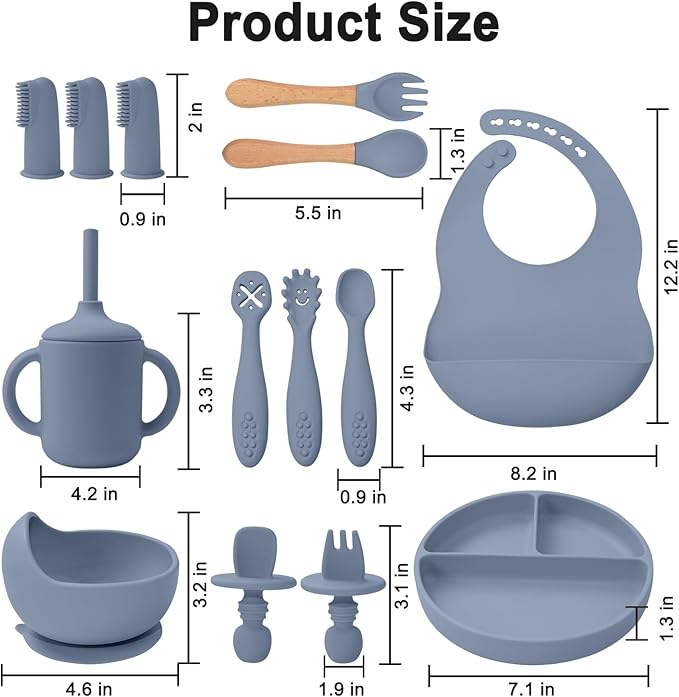LITTLE RAWR Silicone Baby Feeding Set 14 Pcs,Baby Led Weaning Supplies, Baby Spoons Suction Bowl Divided Plate Bib Cup Finger Brush,First Stage Solid Food Eating Utensils - 6+ Months(Blue Gray)