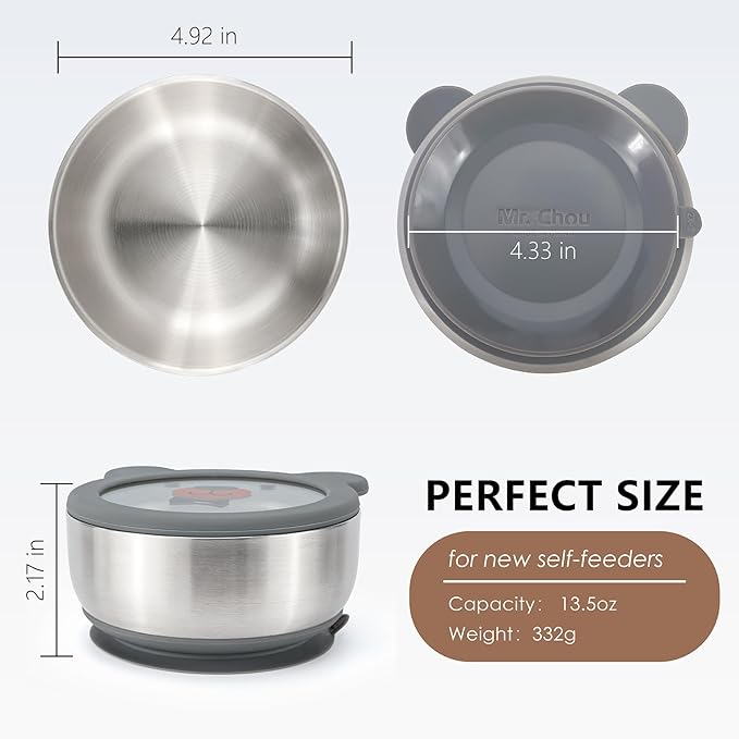 MR. CHOU Baby Bowls with Non-Slip Silicone Suction Cup, Insulated Double-Layer 304 Stainless Steel Toddler Bowls with BPA Free Airtight Lids, Food-Grade Silicone Safe for Kids (Gray)