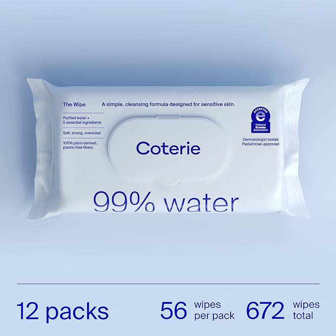 Coterie Baby Wipes for Sensitive Skin, Plant-Based and Plastic-Free Fibers, 99% Water, Hypoallergenic, pH Balanced, Unscented, Clean and Gentle Baby Essentials, 12 Pack, 672 Count