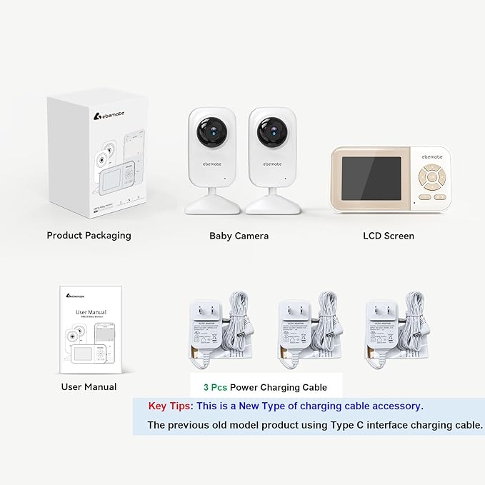 ebemate Video Baby Monitor Camera with 2 Camera,2.8" LCD Screen Video & Audio No Glow Night Vision,2-Way Talk Audio Cam Baby Monitoring 1200FT Range EBE28-2