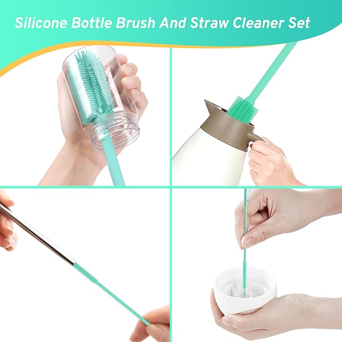 Silicone Bottle Brush with 2 Straw Cleaner Brushes,Bottle Brush Set for Cleaning Bottles,Jars,Tumblers,Thermoses,Baby Bottle,Water Bottle,Dish,Easy to Use and Dry,Heat Resistant Sturdy