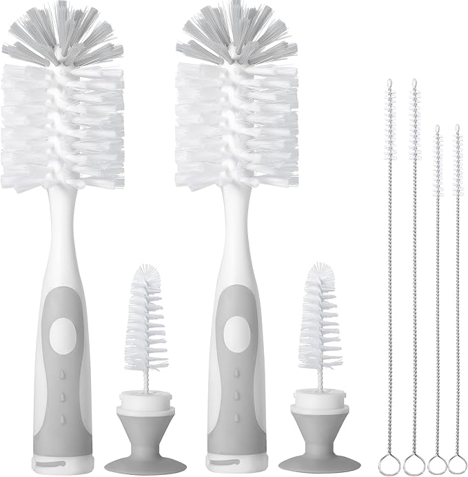 2 Pack Baby Bottle Brush with 4 Pack Straw Brushes, 10.2" Nylon Brushe with Nipple Cleaner and Stand Suction Cup (Gray)