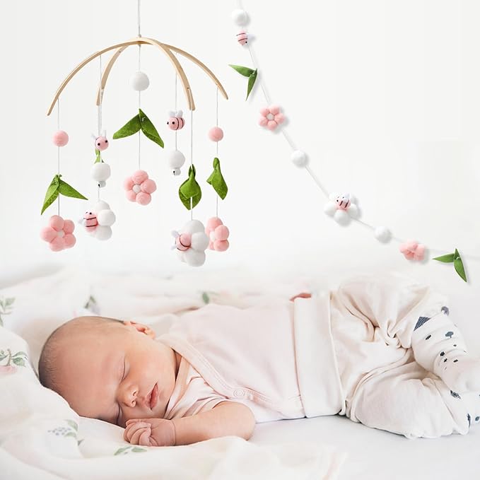 Baby Mobile for Crib, Crib Nursery Mobile for Boys Girls, Boho Bee Flower Nursery Decor Soothe Toy Baby Shower Set for Infant Bedroom Hanging Decoration Toy, Pink