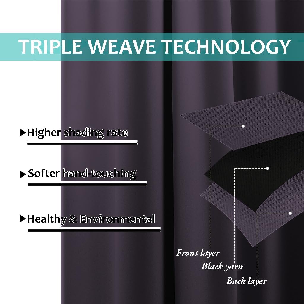 NICETOWN 100% Blackout Window Curtain Panels, Greyish Purple, 2 Pieces, 42-inch Wide Per Panel, Full Light Blocking Drapes with Black Liner for Nursery, 72-inch Drop Thermal Insulated Draperies