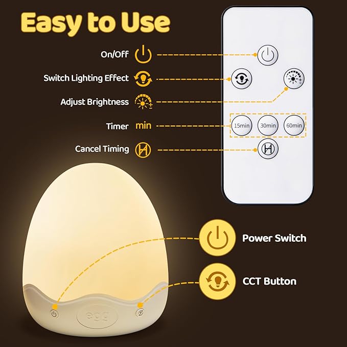Baby Night Light for Kids,10 Brightness+10 Colors Egg Light for Nursery, Touch+Remote+3600mAh Rechargeable Egg Night Light for Baby Nursery,Warm Light for Breastfeeding 1h Timer&Portable,Newborn Gifts