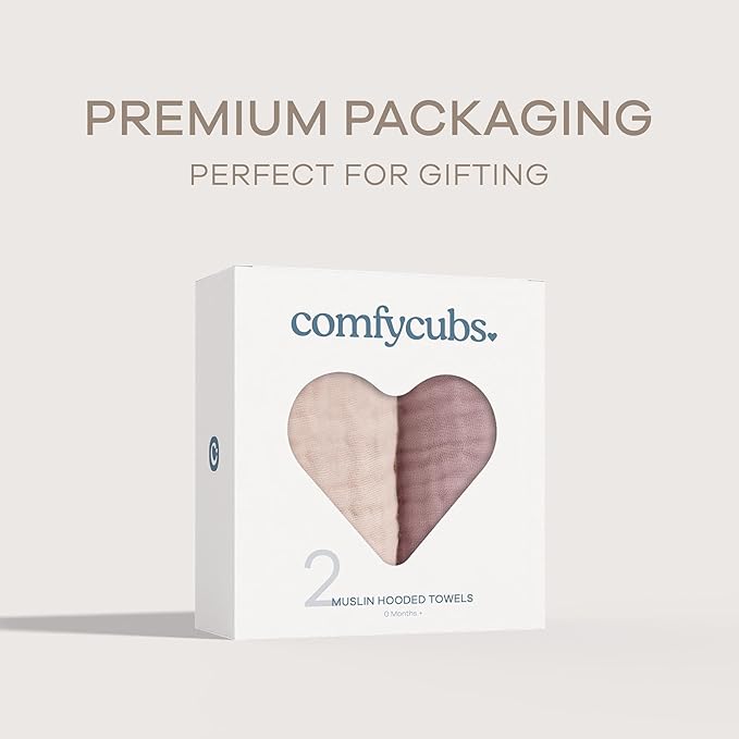 Comfy Cubs Hooded Baby Towel 2-Pack, Large 32 x 32 Inch - 6 Layer 100% Muslin Cotton for Babies, Toddlers, Kids - Soft & Absorbent Baby Bath Towels - Unisex Design for Bath Time, Mauve and Blush