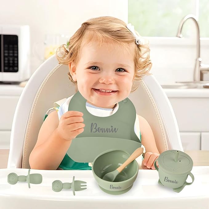 Personalized Silicone Baby Feeding Set with Name, Customized Baby Led Weaning Supplies Self Feeding Eating Utensils with Spoon, Fork, Silicone Suction Bowls, Cup, Plate Army Green