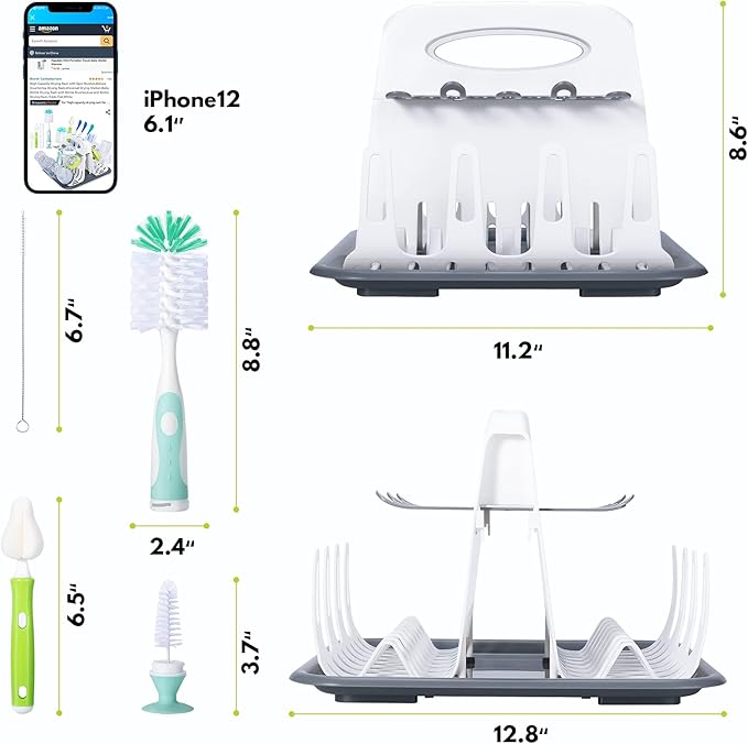High Capacity Drying Rack with 5pcs Brushes, Deluxe Countertop Drying Rack, Universal Drying Station, Baby Bottle Drying Rack with Bottle Brushes, White