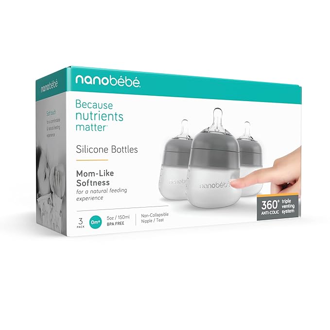 Nanobebe Flexy Silicone Baby Bottle, Anti-Colic, Natural Feel, Non-Collapsing Nipple, Non-Tip Stable Base, Easy to Clean 3-Pack, Gray, 5 oz