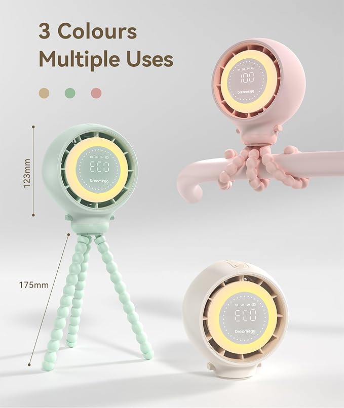 Dreamegg Portable Stroller Fan - 4000mAh Rechargeable Baby Stroller Fan With LED Display, Night Light, Hidden Blade, Detachable 4 Speed 360ยฐRotate, Handheld Cooling for Crib,Travel, Car Seat(Green)