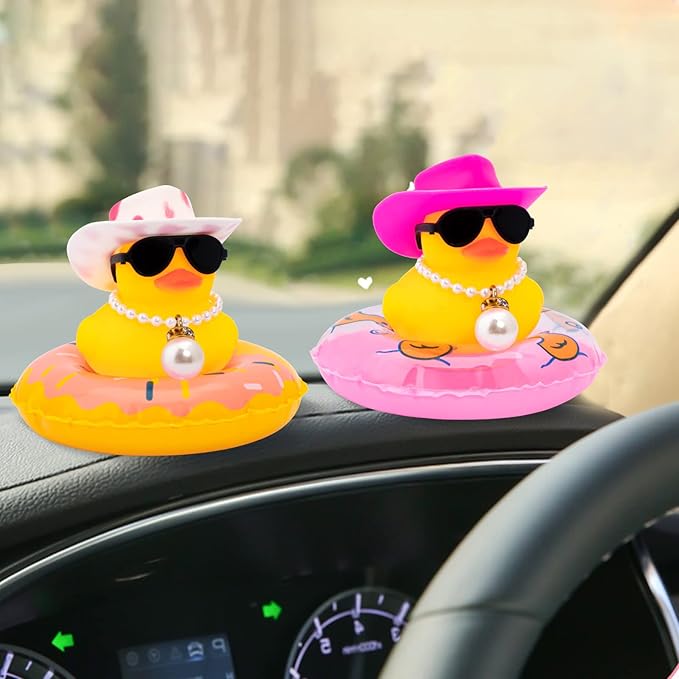 wonuu Car Rubber Duck, Yellow Duck Decoration Dashboard with Sun Hat Swim Ring Necklace Sunglasses for Car Dashboard Decorations