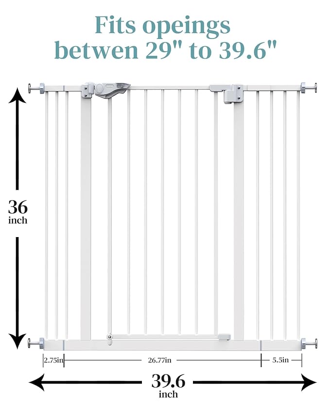 InnoTruth 29-39.6”Baby Gate for Stairs,36" Extra Tall Dog Gate for The House,Dual-Lock Safety and One Hand Opening Design,Kid Gate for Doorways,Kitchen,Room,Wall-Friendly Pressure Mounted, Pure White